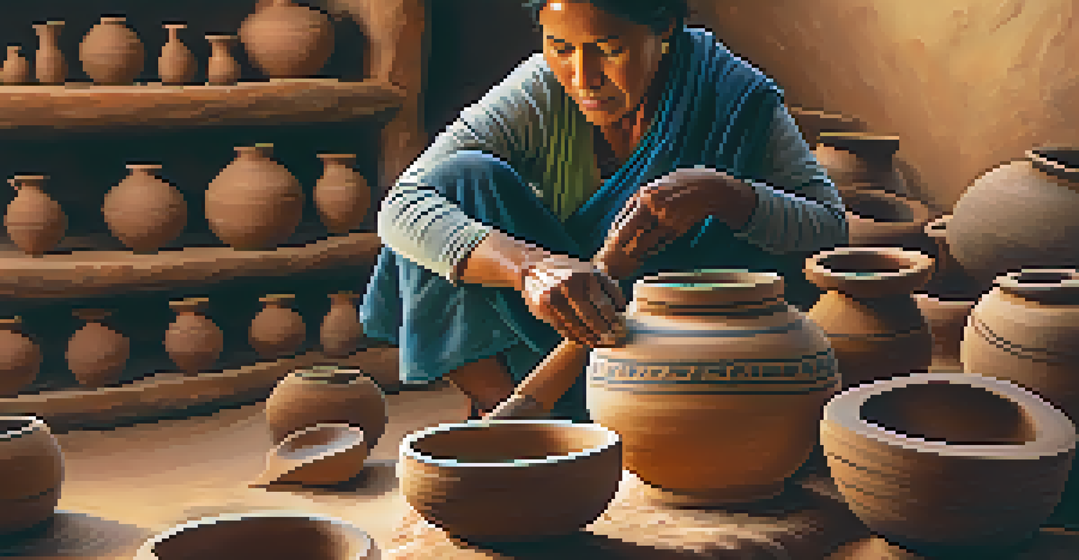 An Indigenous woman creating pottery, emphasizing the intricate details of the clay and her focused expression.