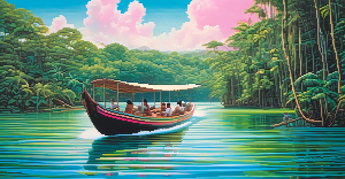 A traditional wooden boat gliding on the Amazon River surrounded by lush green rainforests and jumping pink dolphins.
