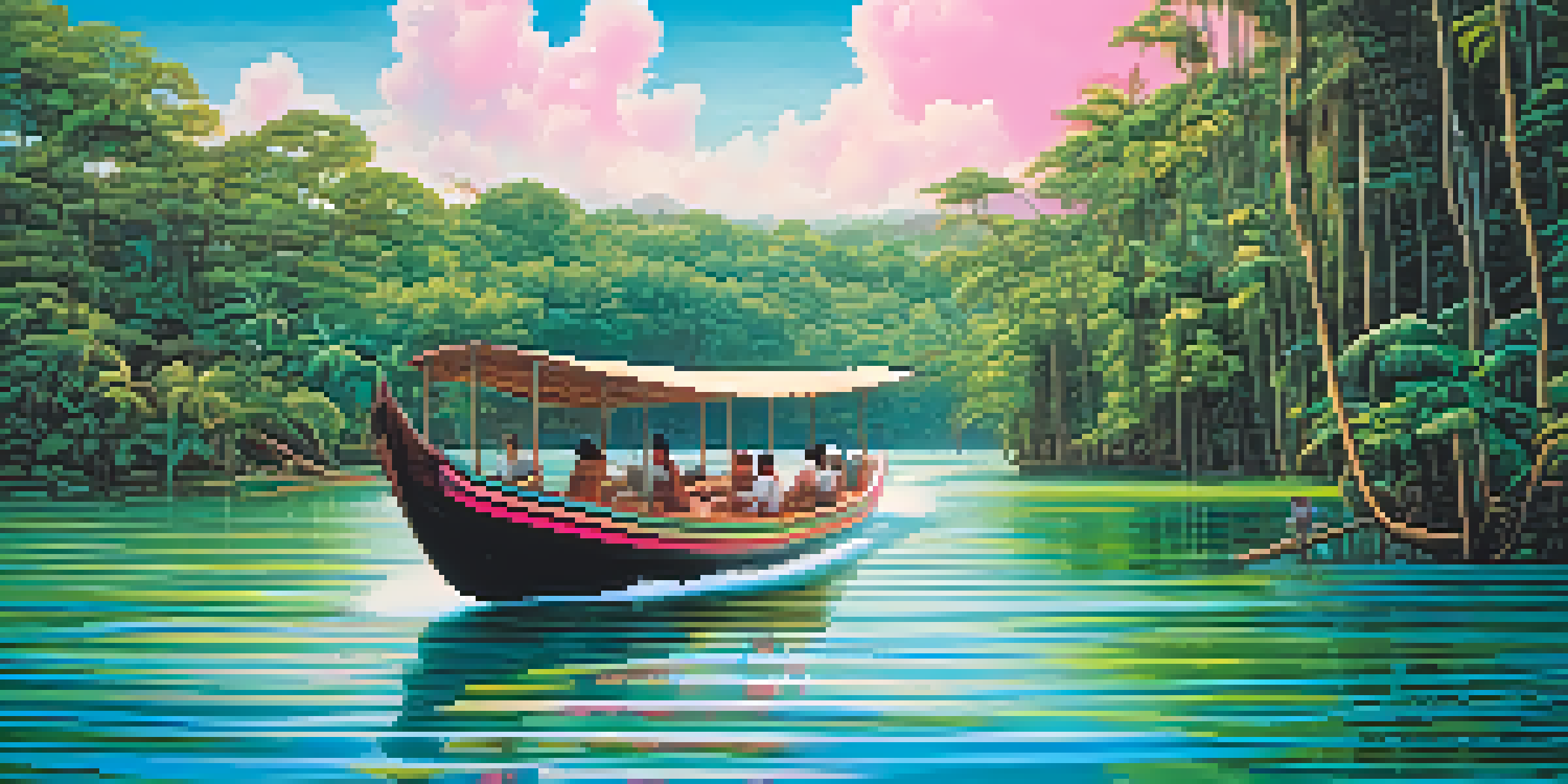 A traditional wooden boat gliding on the Amazon River surrounded by lush green rainforests and jumping pink dolphins.