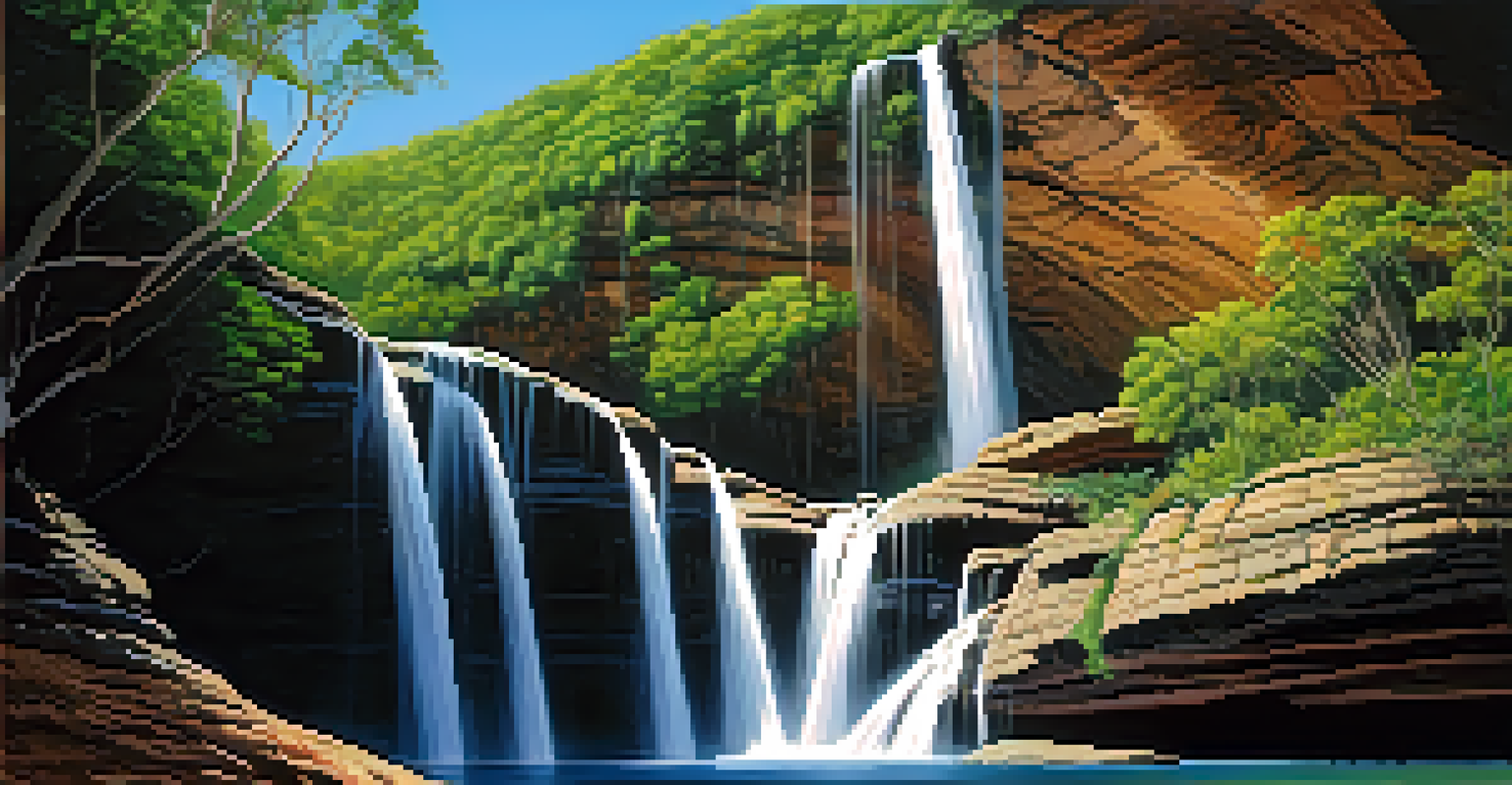 Cachoeira da Fumaça waterfall surrounded by rocky cliffs and tropical plants, with sunlight creating reflections on the water's surface and orchids blooming nearby.