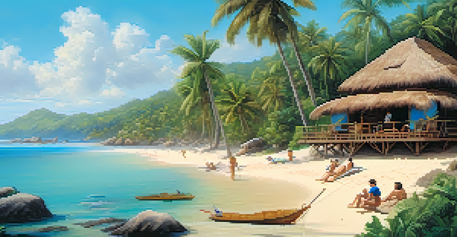 An eco-lodge on the Brazilian coast with a thatched roof, surrounded by sandy beaches and tropical vegetation, featuring guests snorkeling and relaxing under palm trees.