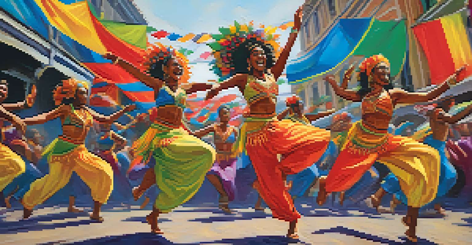 Group of Frevo dancers performing energetically at the Carnival, surrounded by colorful decorations.