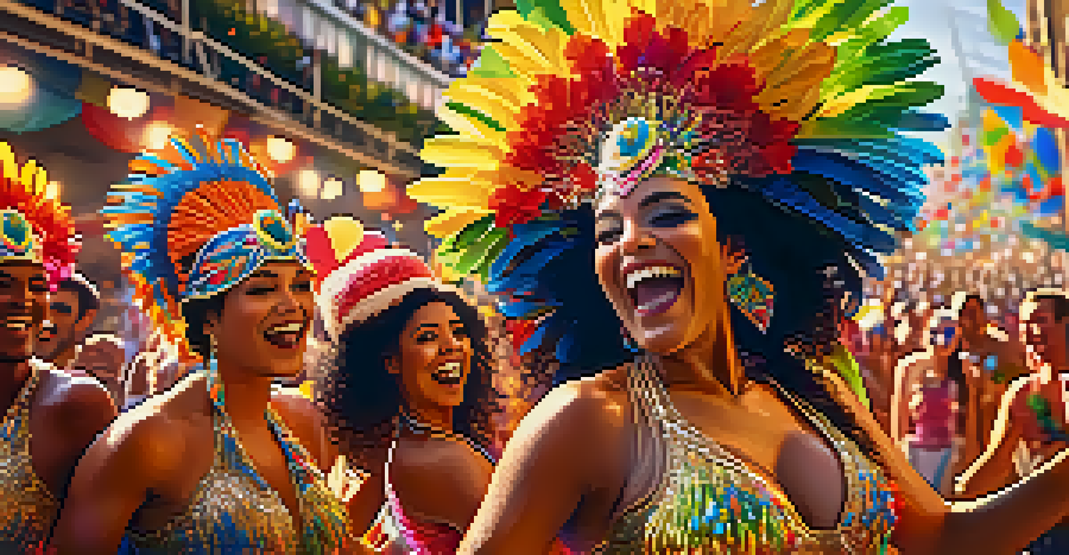 Samba dancers in colorful costumes performing at the Rio Carnival, surrounded by a cheering crowd and vibrant decorations.