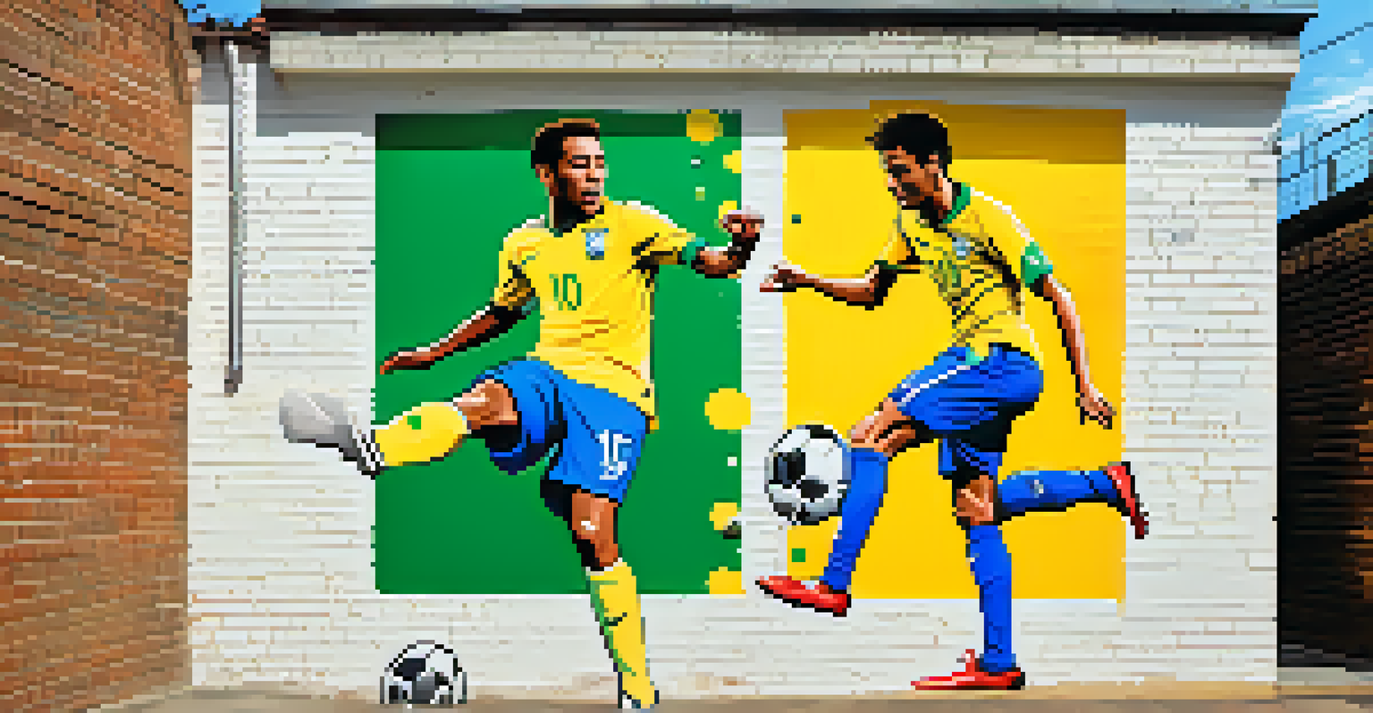A colorful mural of football legends Pelé and Neymar on a brick wall, surrounded by music notes and footballs in an urban environment.