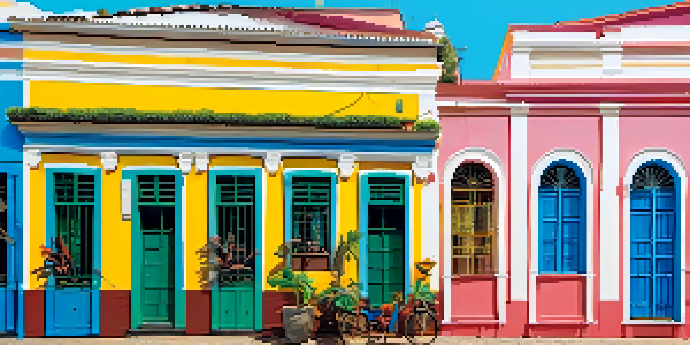 A lively street scene in Salvador, Brazil, with colorful colonial buildings and people enjoying local culture.