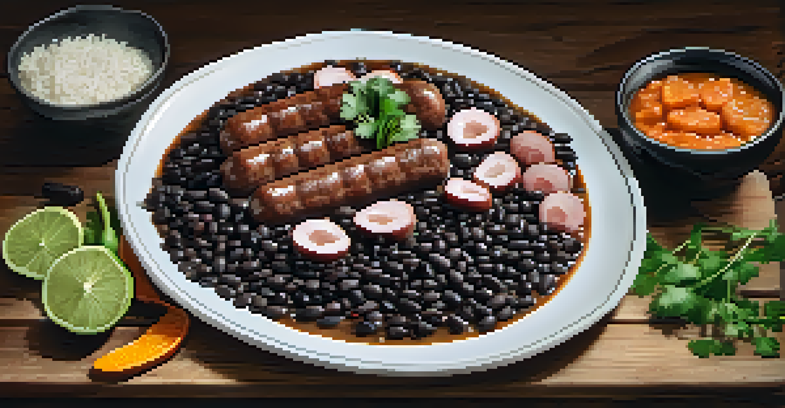 A close-up view of a traditional Brazilian feijoada dish with black beans, pork, and rice on a wooden table.
