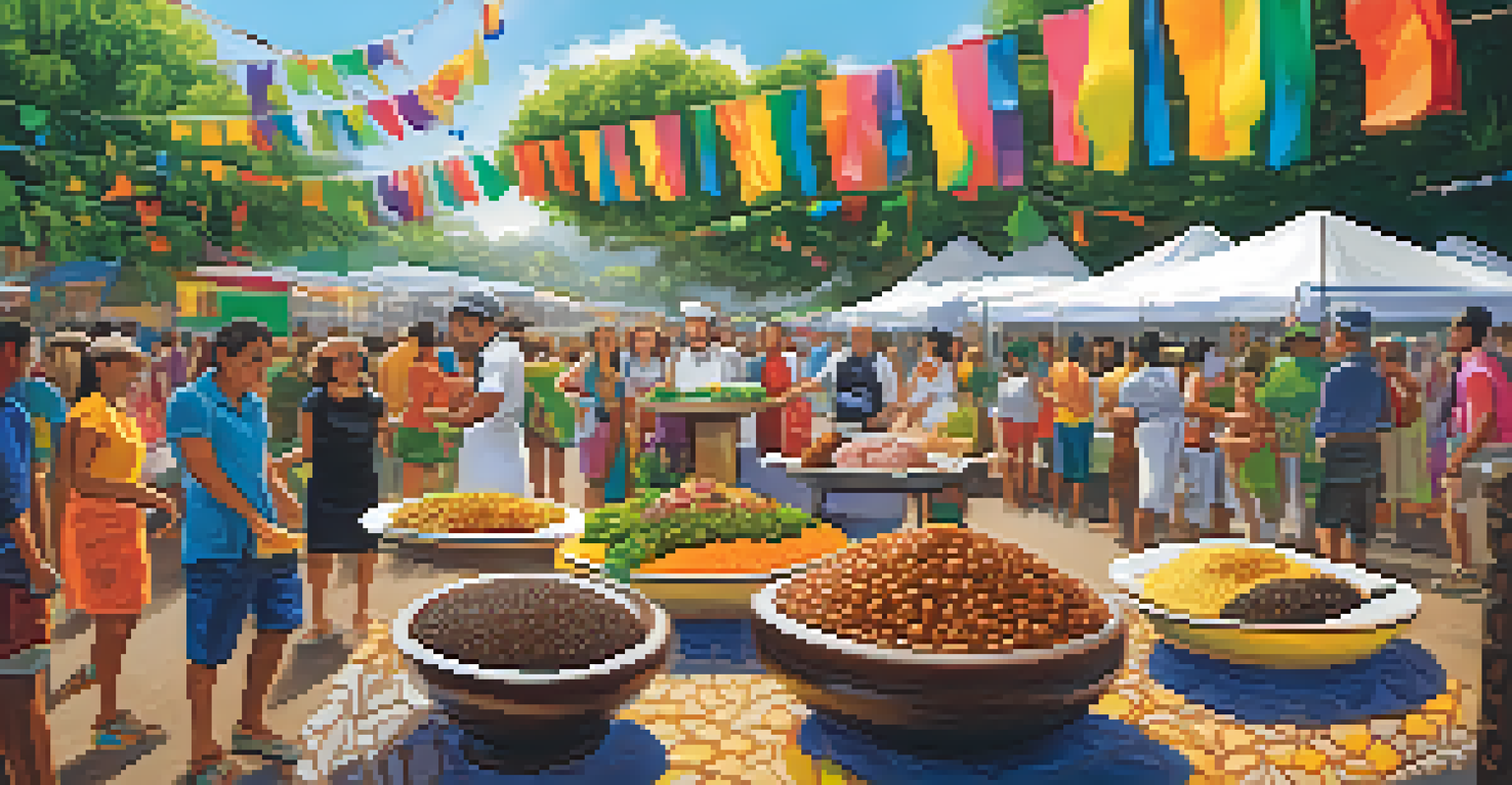 A bustling food festival in Brazil highlighting traditional dishes and local chefs interacting with visitors.