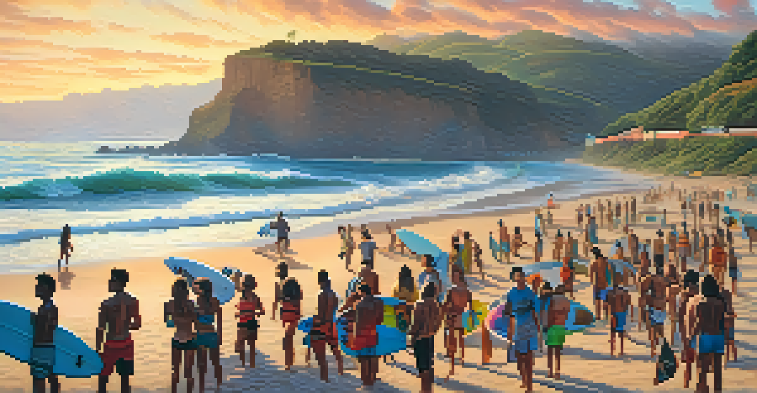A lively gathering of surfers at Arpoador Beach during sunset with colorful sky and beachside cliffs.