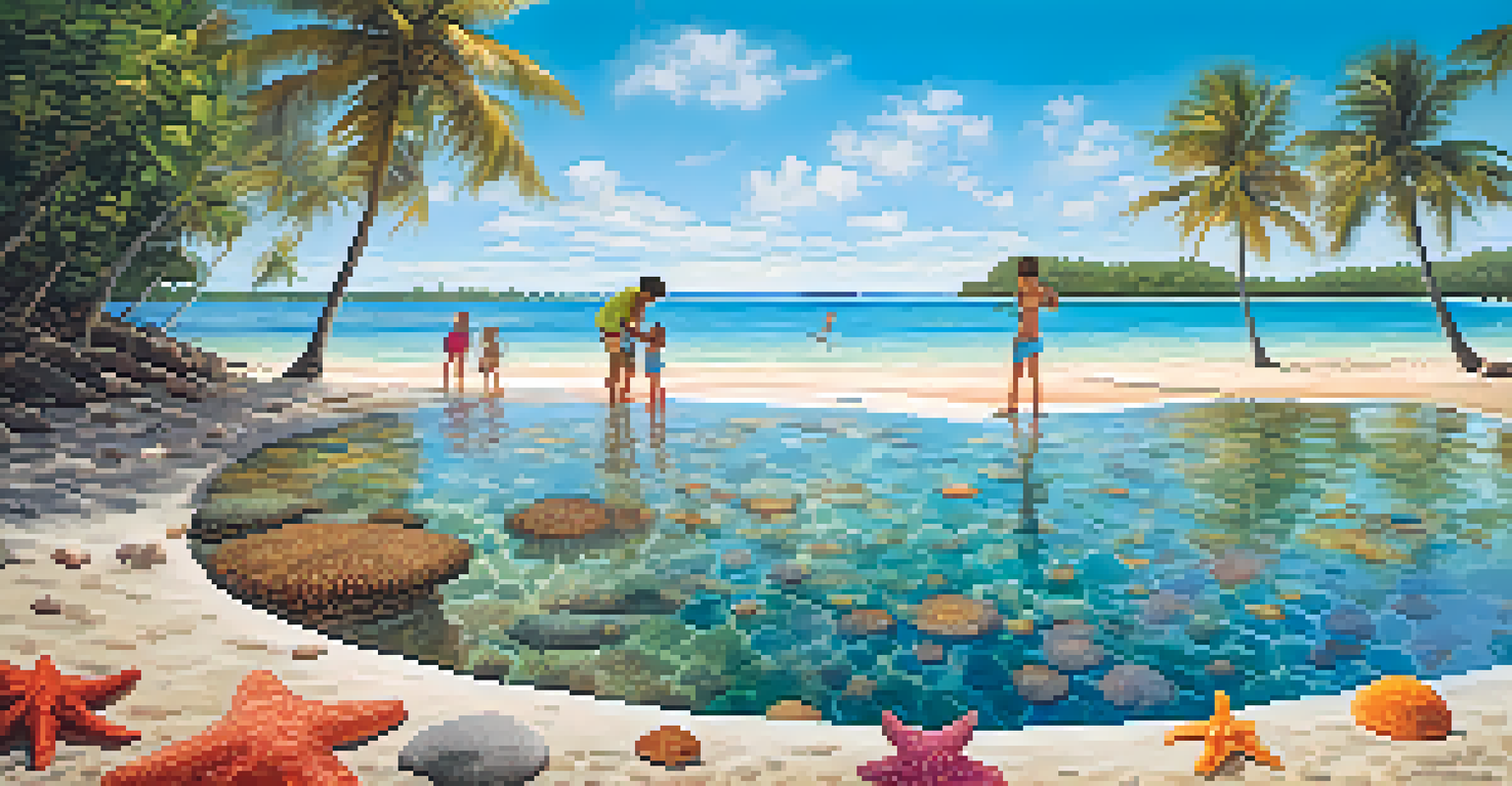 Families exploring a natural pool in Maragogi, surrounded by starfish and colorful corals, with a bright sunny sky above.