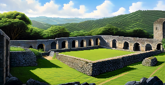 The ruins of São Miguel das Missões nestled in vibrant green forests, illuminated by soft morning light.