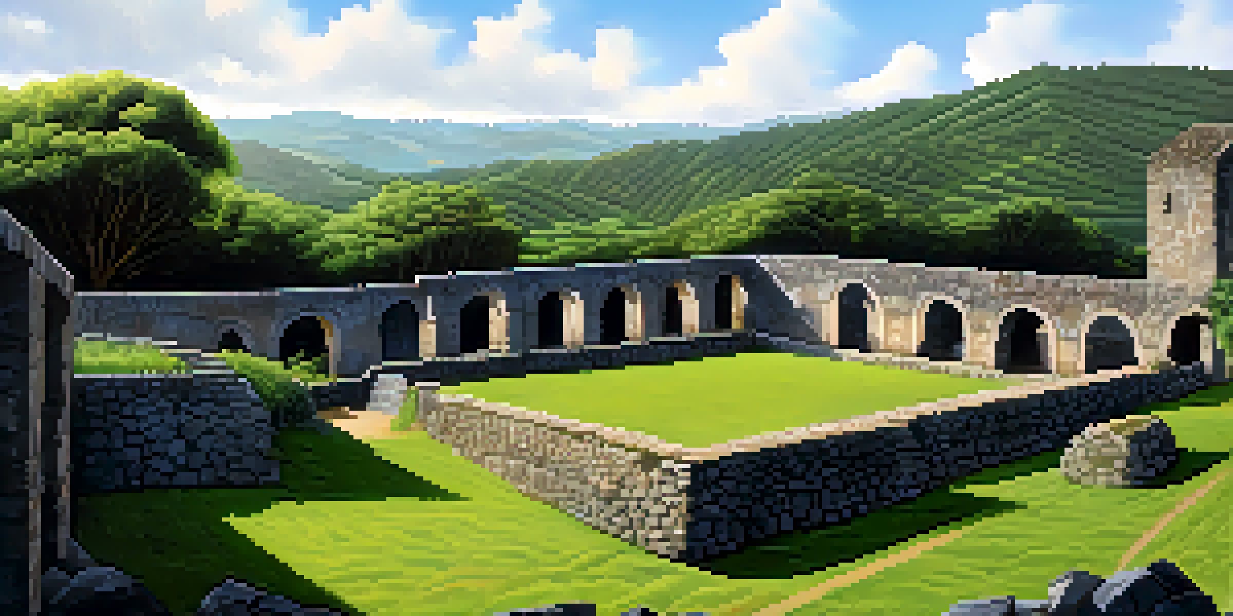 The ruins of São Miguel das Missões nestled in vibrant green forests, illuminated by soft morning light.