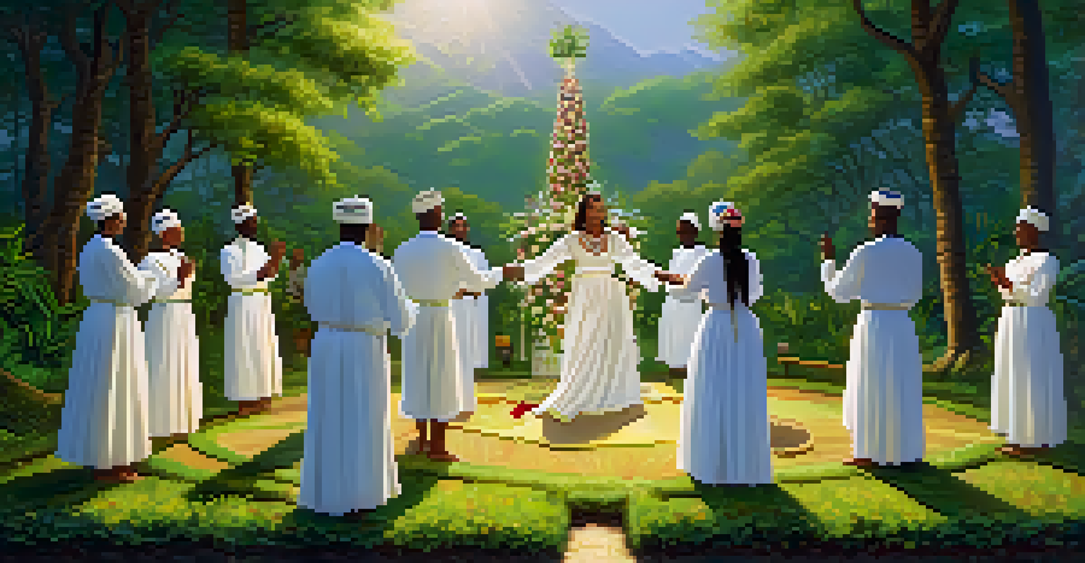 A peaceful Candomblé ceremony in a green outdoor setting, with participants in white clothes dancing around a flower-adorned altar.