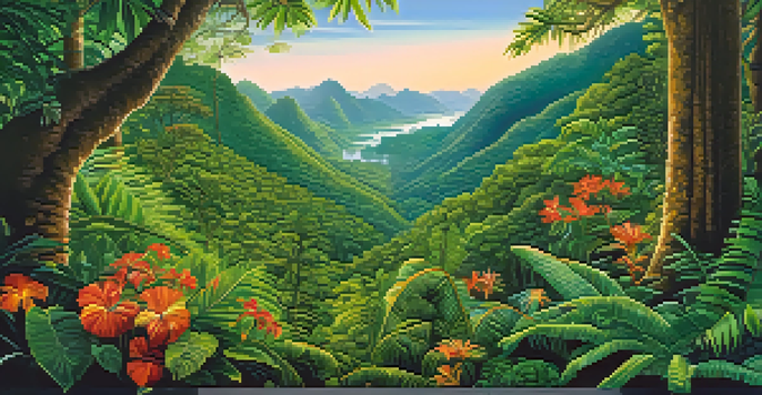 A panoramic view of Brazil's Atlantic Forest with lush trees and a golden lion tamarin on a branch, sunlight filtering through the canopy.