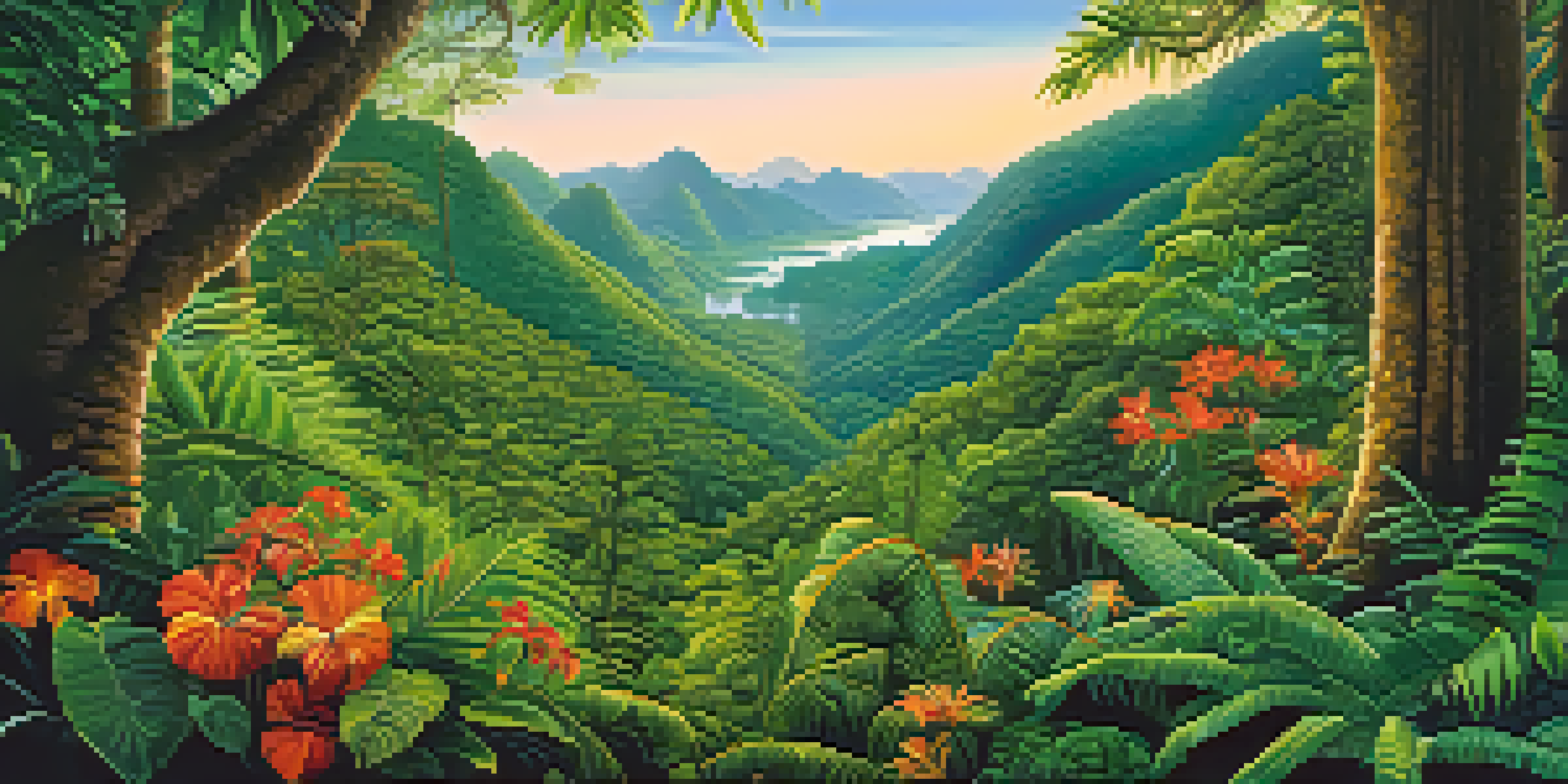 A panoramic view of Brazil's Atlantic Forest with lush trees and a golden lion tamarin on a branch, sunlight filtering through the canopy.