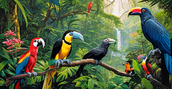 A colorful Amazon rainforest scene with various birds like a Harpy Eagle and a toucan, sunlight filtering through the trees.