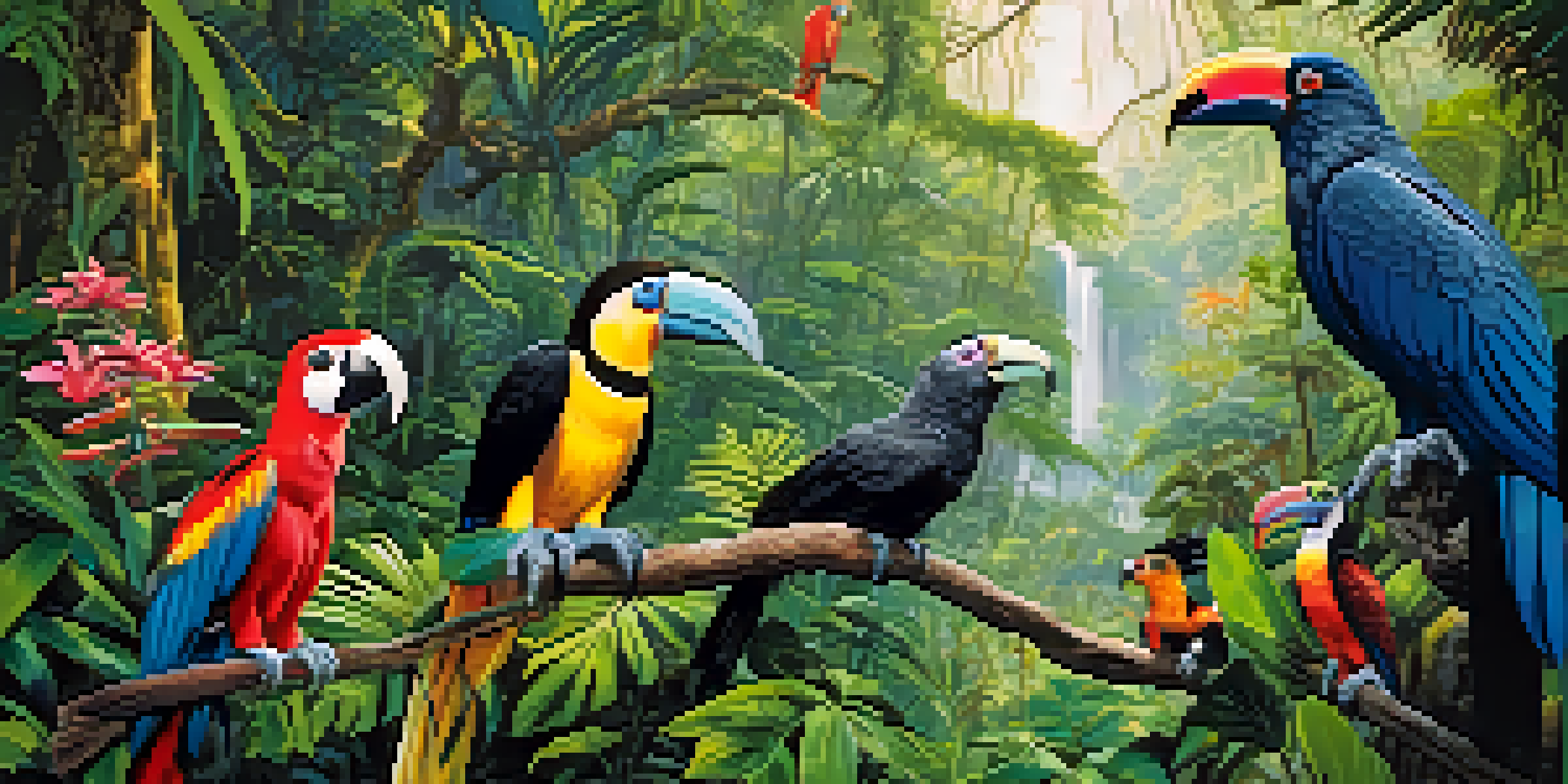 A colorful Amazon rainforest scene with various birds like a Harpy Eagle and a toucan, sunlight filtering through the trees.