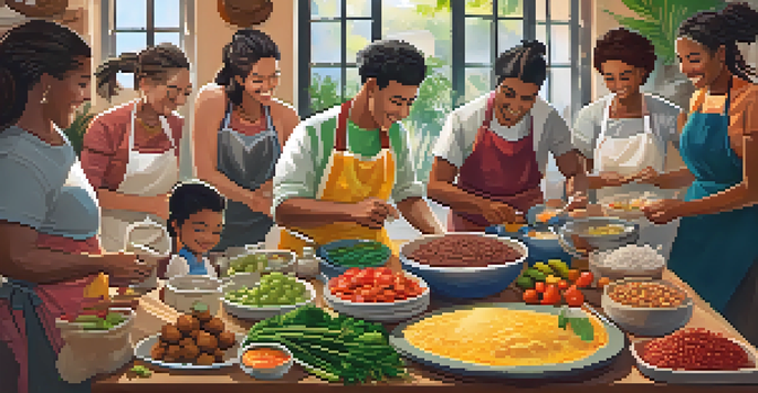 A lively Brazilian cooking workshop with diverse participants cooking traditional dishes, colorful ingredients, and a warm kitchen atmosphere.