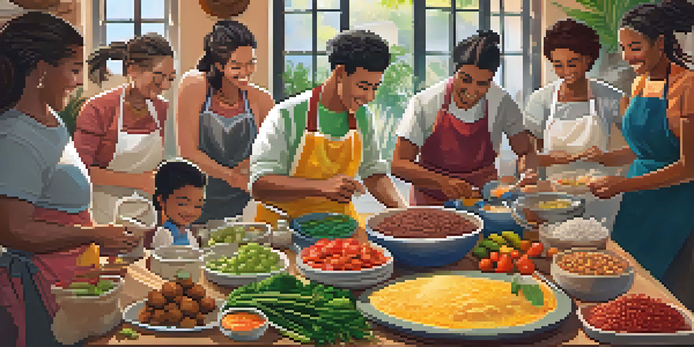 A lively Brazilian cooking workshop with diverse participants cooking traditional dishes, colorful ingredients, and a warm kitchen atmosphere.