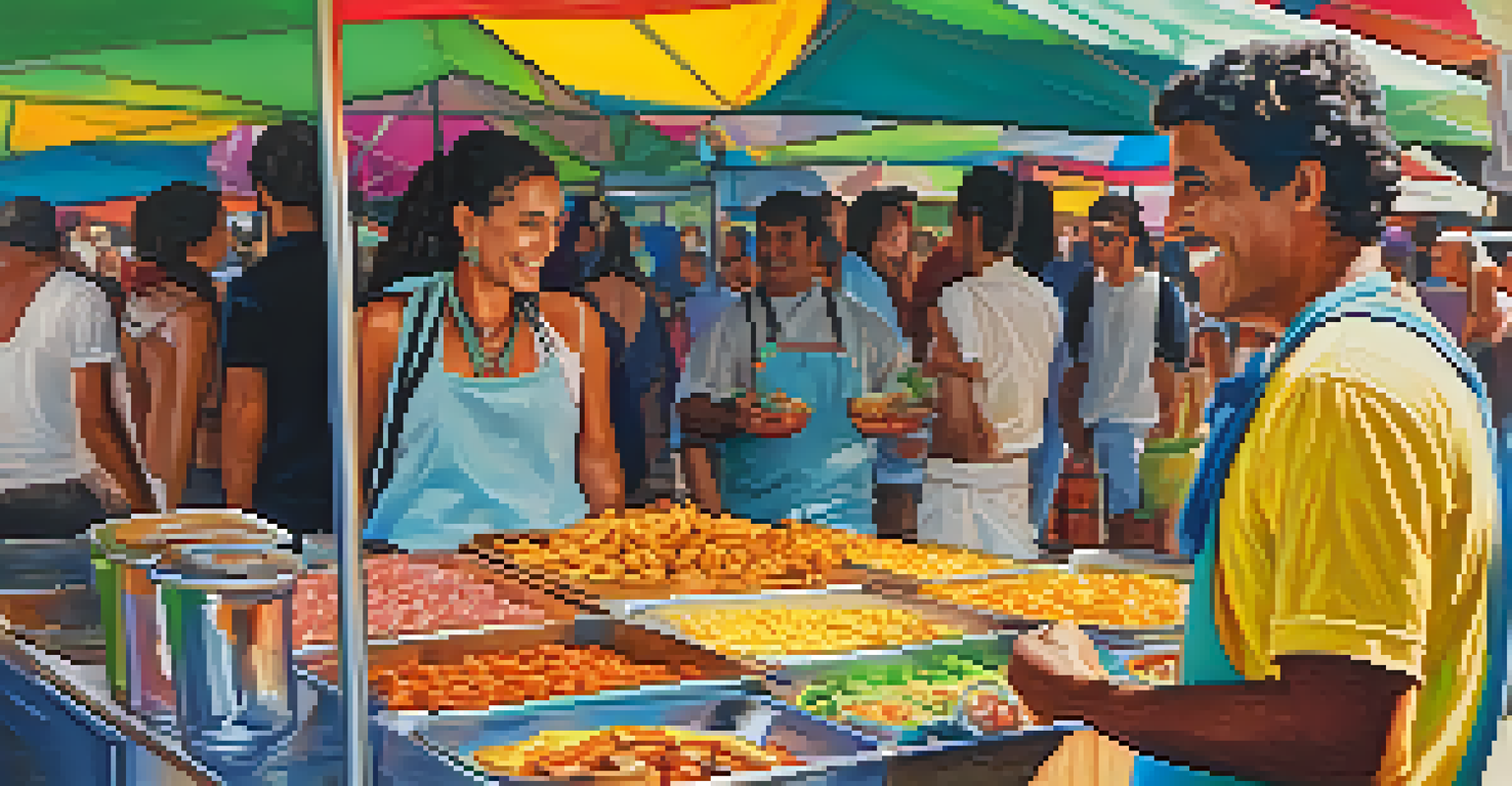 A close-up of a street food vendor's cart at a Brazilian festival, showcasing traditional dishes and a friendly vendor engaging with customers.