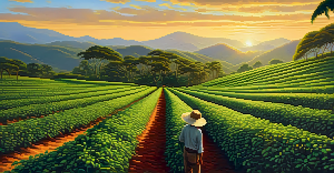 A farmer picking coffee cherries in a lush Brazilian coffee plantation during sunrise.