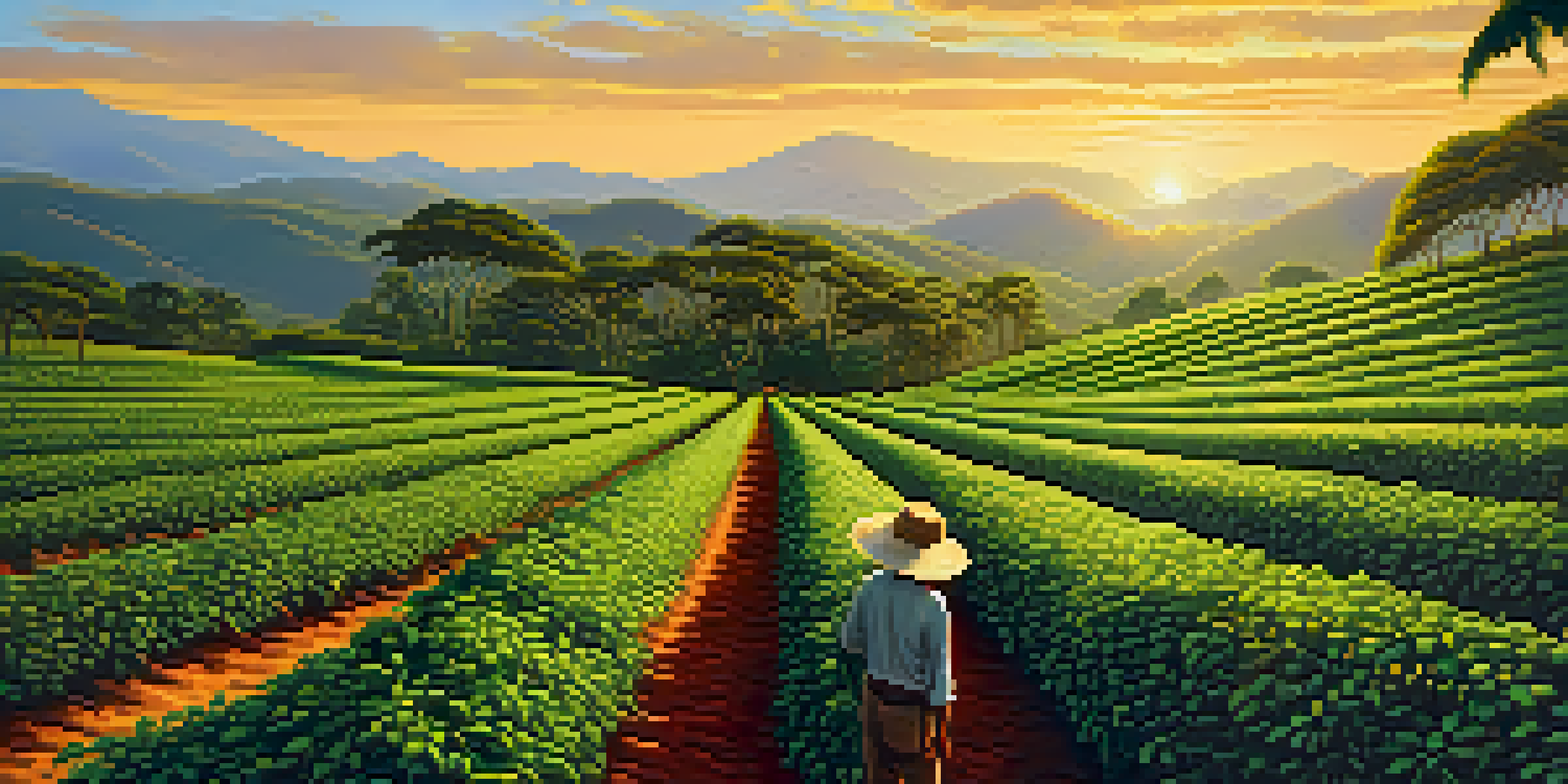 A farmer picking coffee cherries in a lush Brazilian coffee plantation during sunrise.