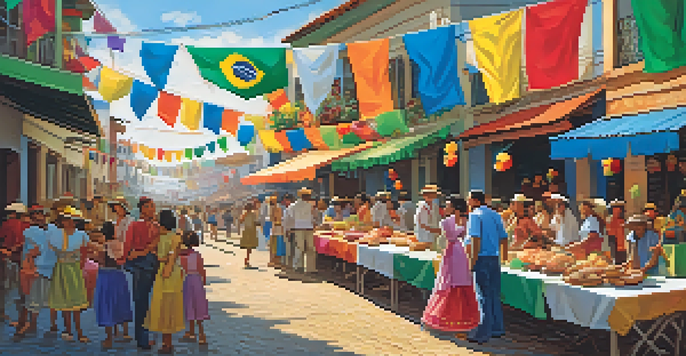 A lively street scene during Festa Junina, with colorful banners, food stalls, and families celebrating together.