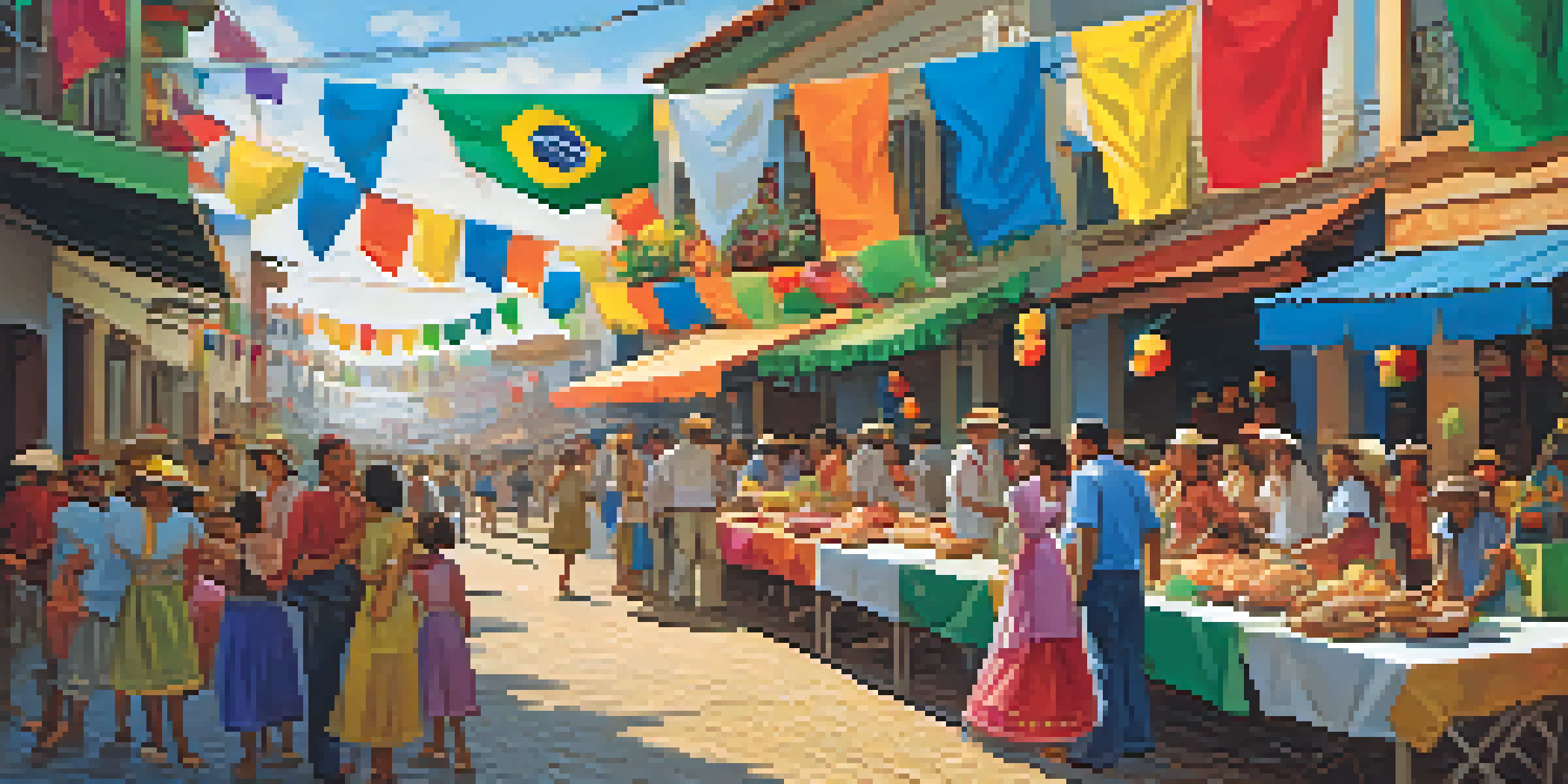 A lively street scene during Festa Junina, with colorful banners, food stalls, and families celebrating together.