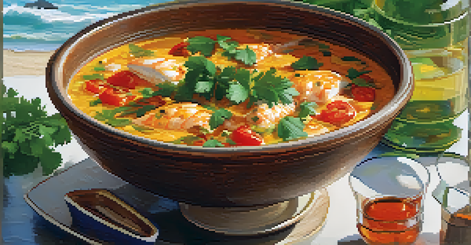 A plate of moqueca fish stew garnished with cilantro, next to a glass of white wine, set in a sunlit coastal environment.