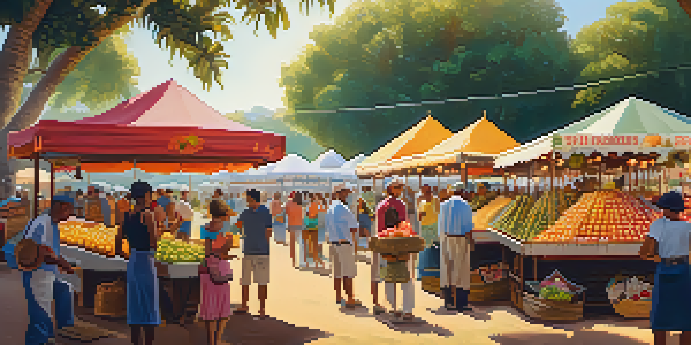 A lively agricultural fair in Brazil, featuring colorful stalls with fresh fruits and local products, and people enjoying the festive atmosphere.
