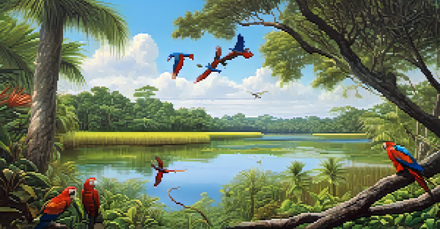 A broad view of Brazil's Amazon basin wetlands, showcasing diverse ecosystems, wildlife like macaws and otters, and lush vegetation.