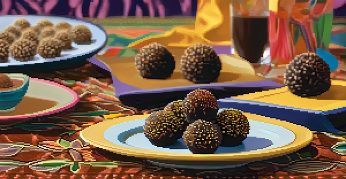 A plate of brigadeiros, chocolate truffles rolled in chocolate sprinkles, on a colorful tablecloth.