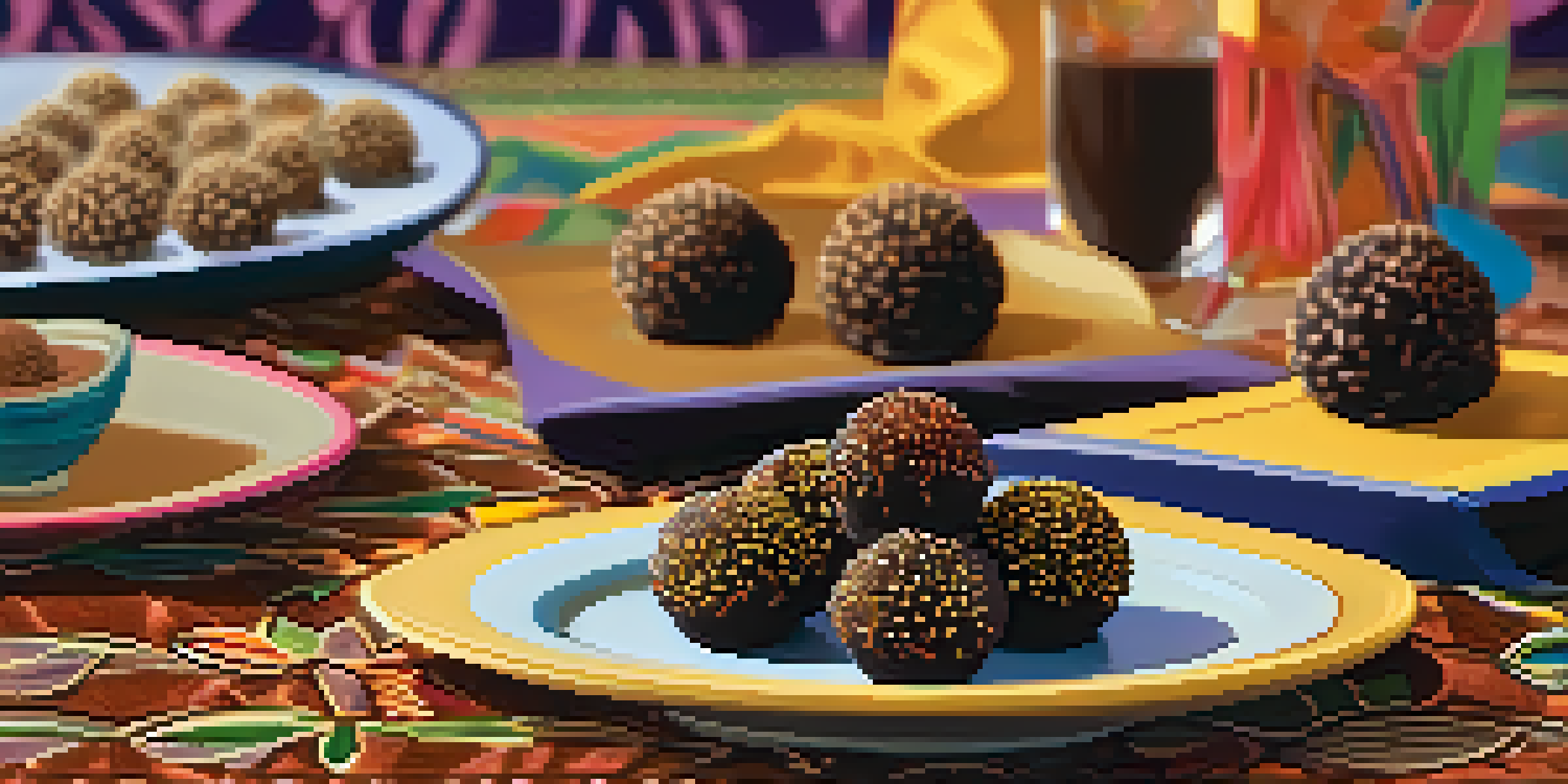 A plate of brigadeiros, chocolate truffles rolled in chocolate sprinkles, on a colorful tablecloth.