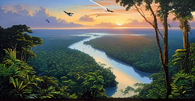 A stunning sunrise over the Amazon Rainforest, with colorful skies and a green canopy, featuring winding rivers and soaring birds.