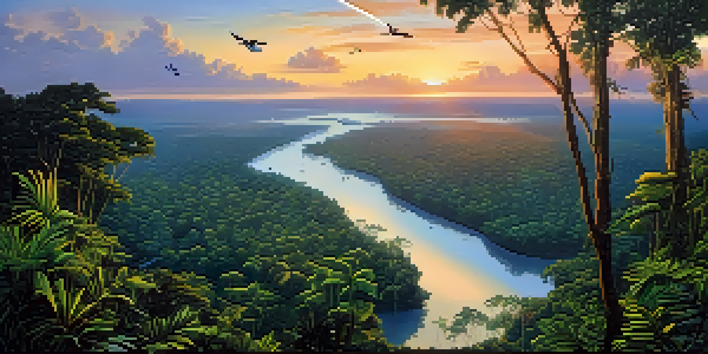 A stunning sunrise over the Amazon Rainforest, with colorful skies and a green canopy, featuring winding rivers and soaring birds.