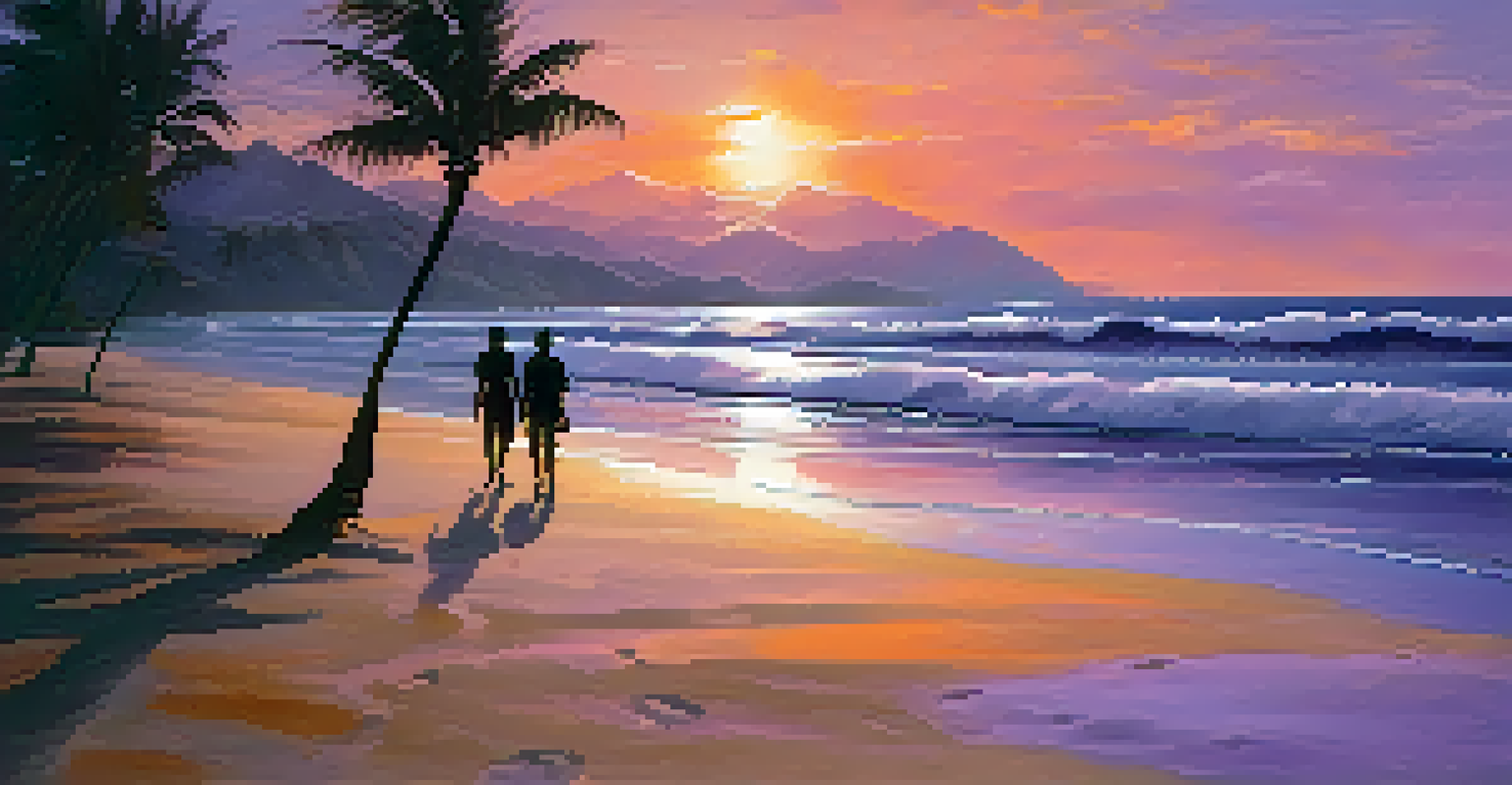 A romantic beach scene in Brazil at sunset, featuring palm trees and a couple walking along the shoreline.