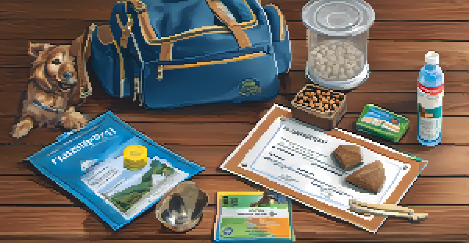 A neatly arranged pet travel kit on a table, showcasing various essentials like food, toys, and a leash.