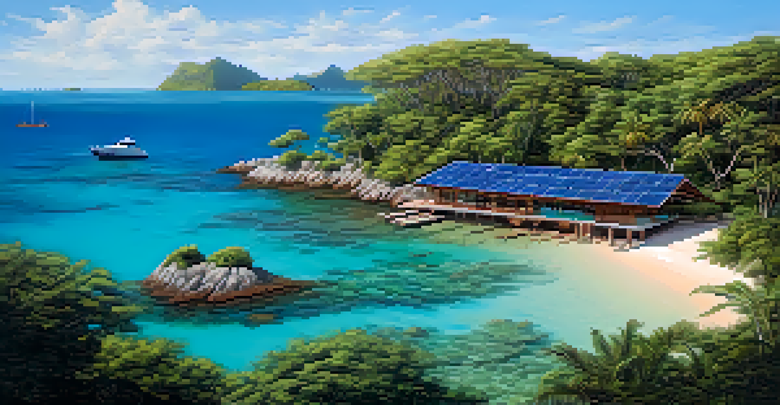 An eco-lodge on an island, surrounded by clear waters and coral reefs, with guests engaged in water activities.