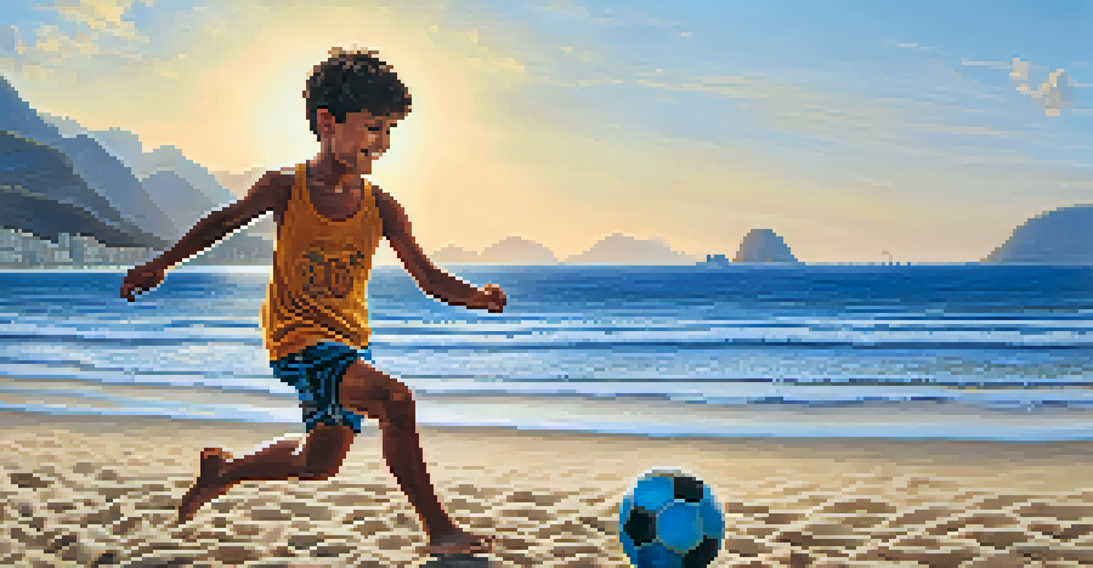 A young boy playing football on Copacabana beach with a makeshift ball, the ocean and sunset in the background.