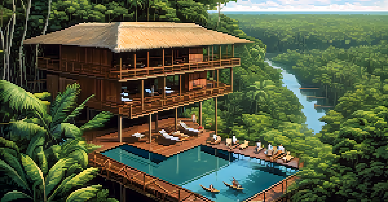 A lodge in the Amazon rainforest with birdwatchers observing nature, surrounded by rich biodiversity.