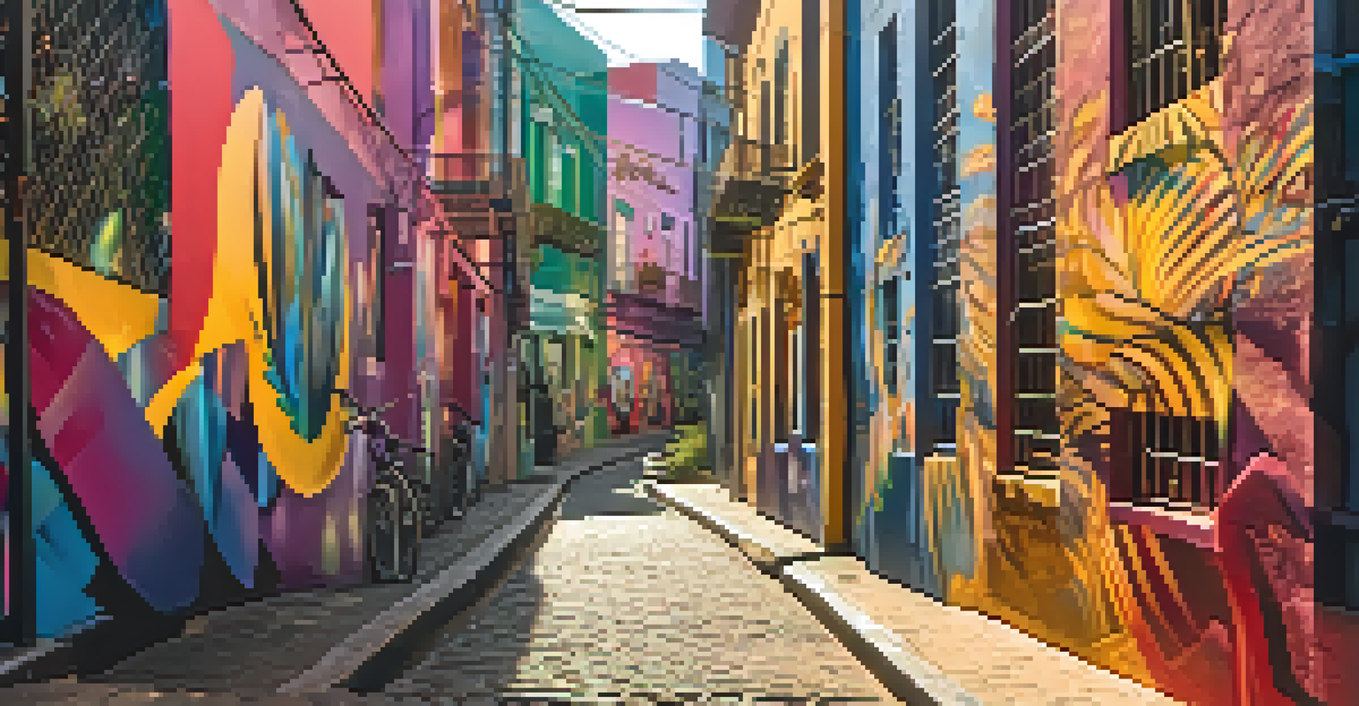 A colorful alleyway featuring vibrant street art illuminated by warm light during the golden hour.