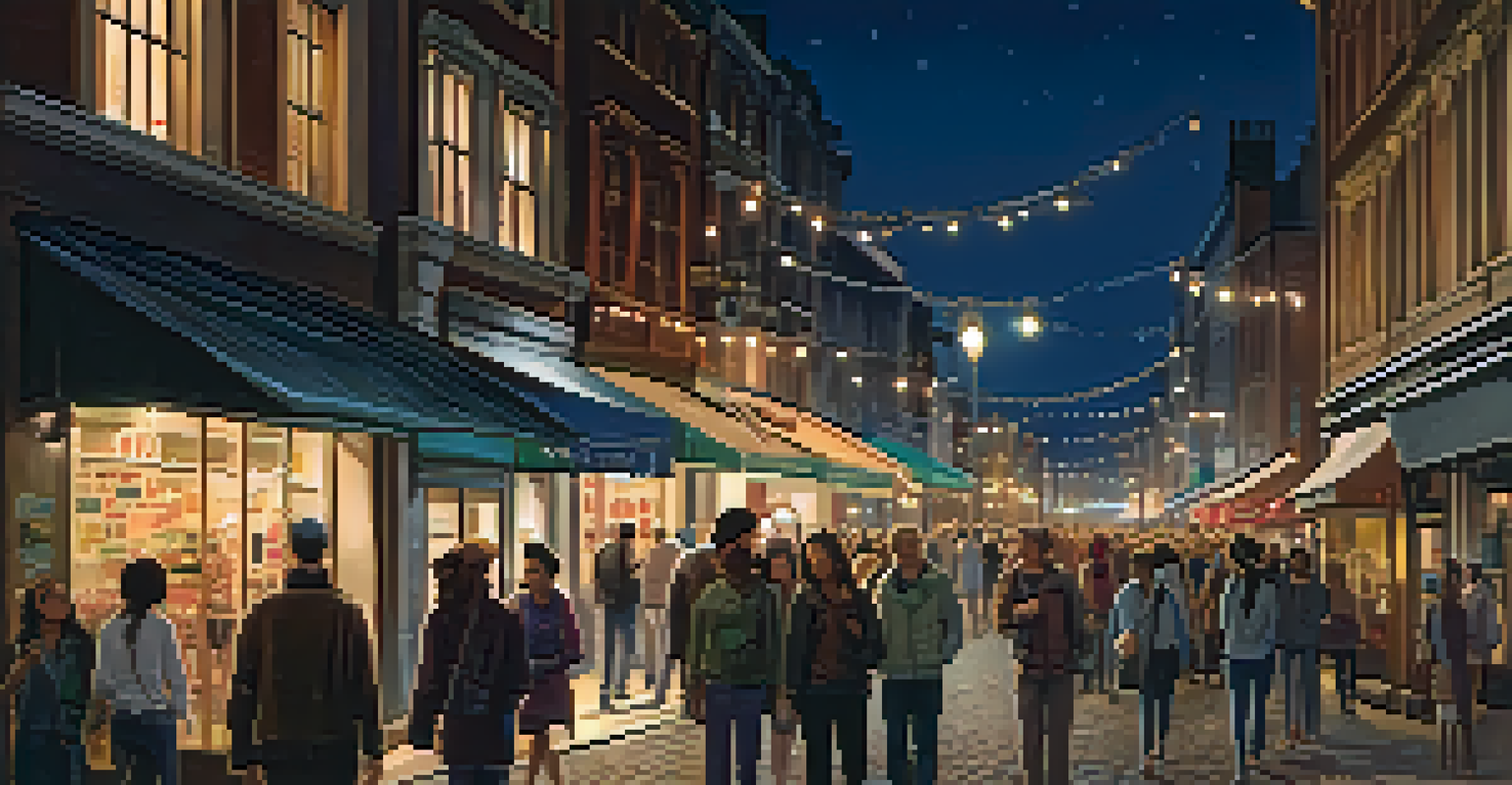 A group of travelers walking together on a well-lit street at night, creating a sense of safety and camaraderie.
