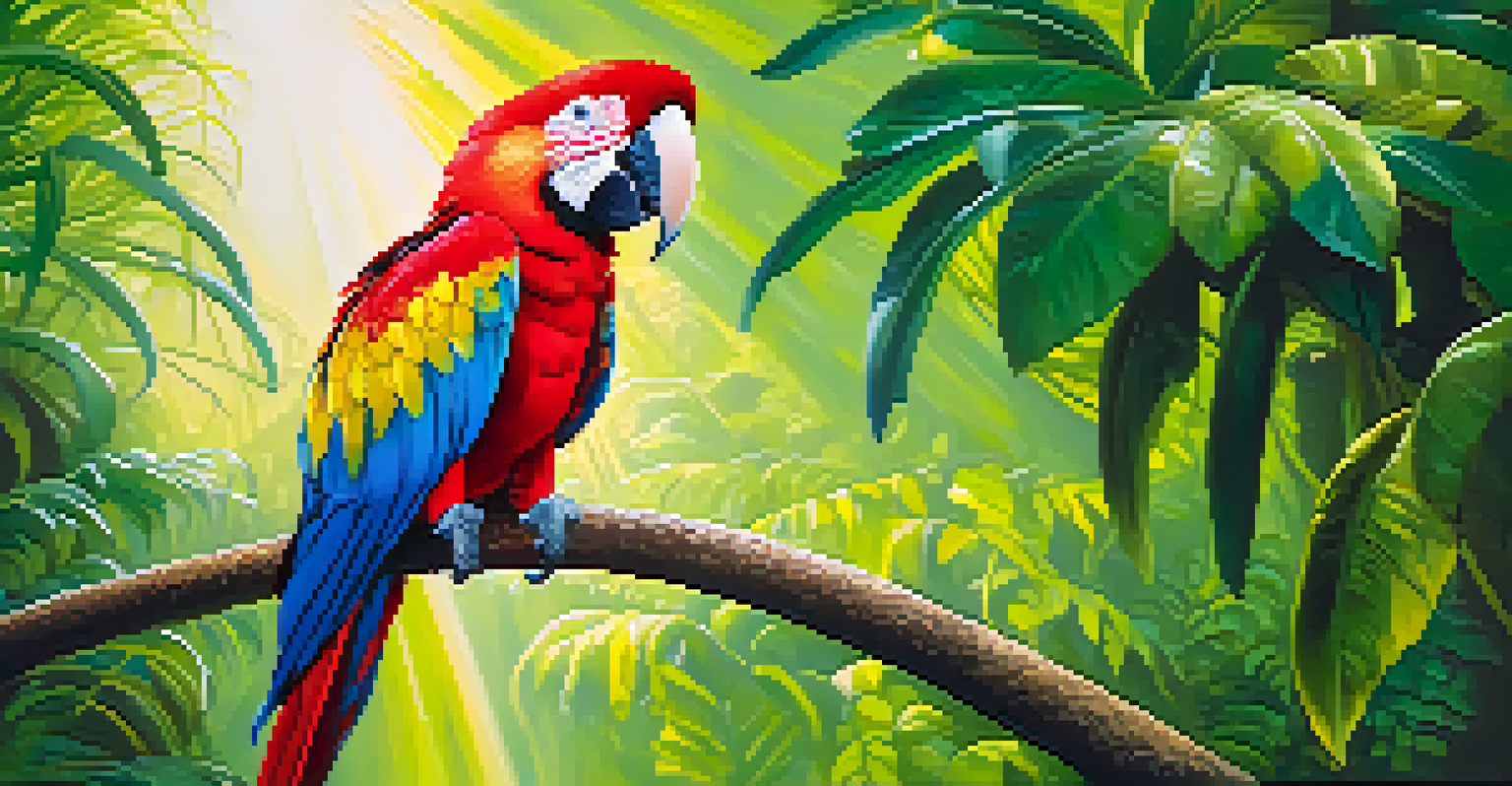 A colorful macaw perched on a branch in the lush Amazon rainforest, with sunlight filtering through the trees.