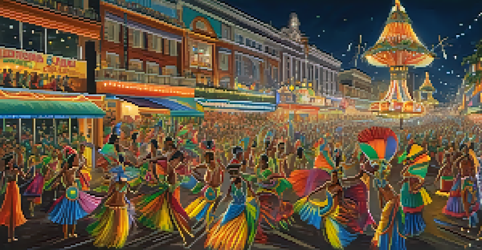A lively Carnival parade at night with illuminated floats and samba dancers in colorful costumes.