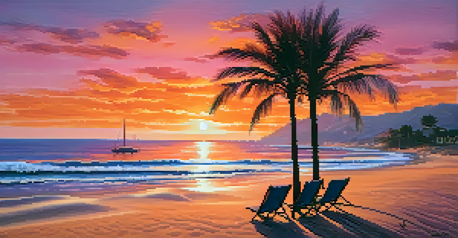 A stunning sunset at Praia do Boldró with colorful sky and silhouettes of palm trees and a couple having a picnic.