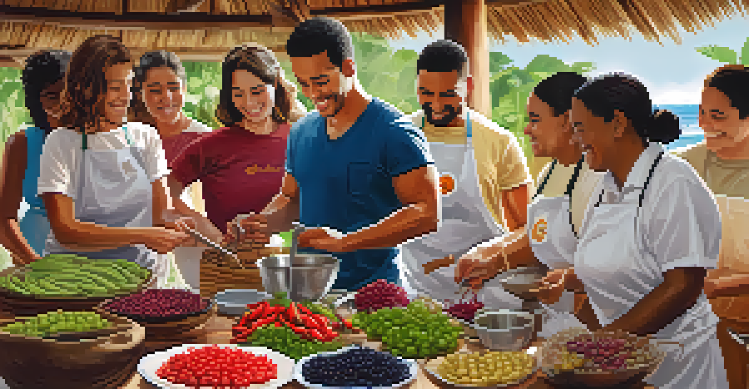 A culinary workshop in Brazil with diverse participants learning to cook with local ingredients, featuring açaí, cassava, and malagueta peppers.