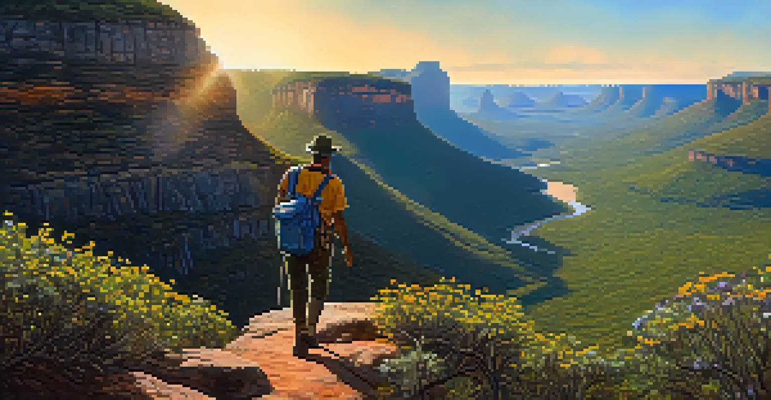 A hiker on a trail in Chapada Diamantina, surrounded by cliffs and wildflowers, under warm sunlight in a dry season landscape.