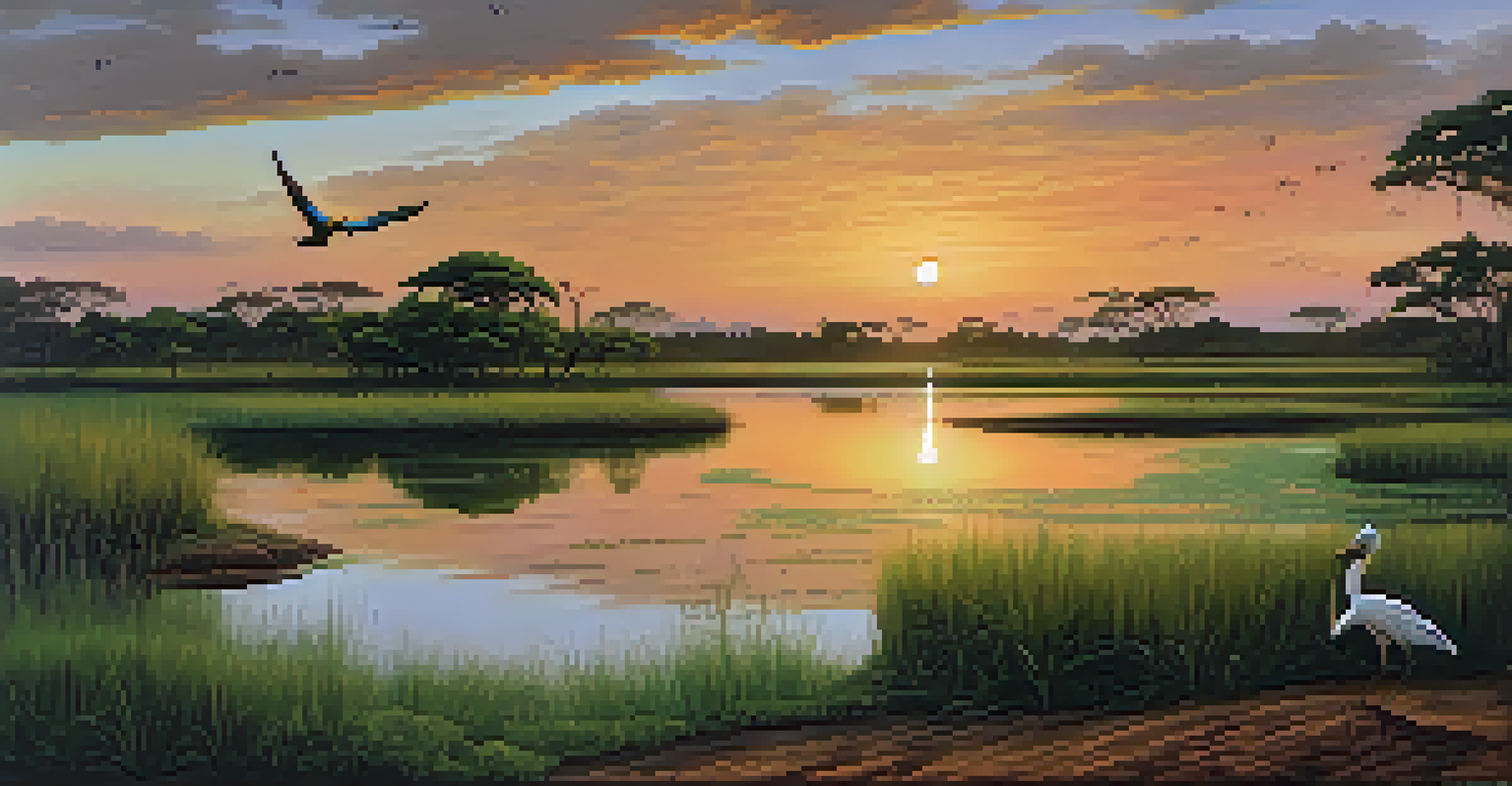 A tranquil sunset landscape of the Pantanal with a winding trail, exotic birds, and reflections in the wetlands.