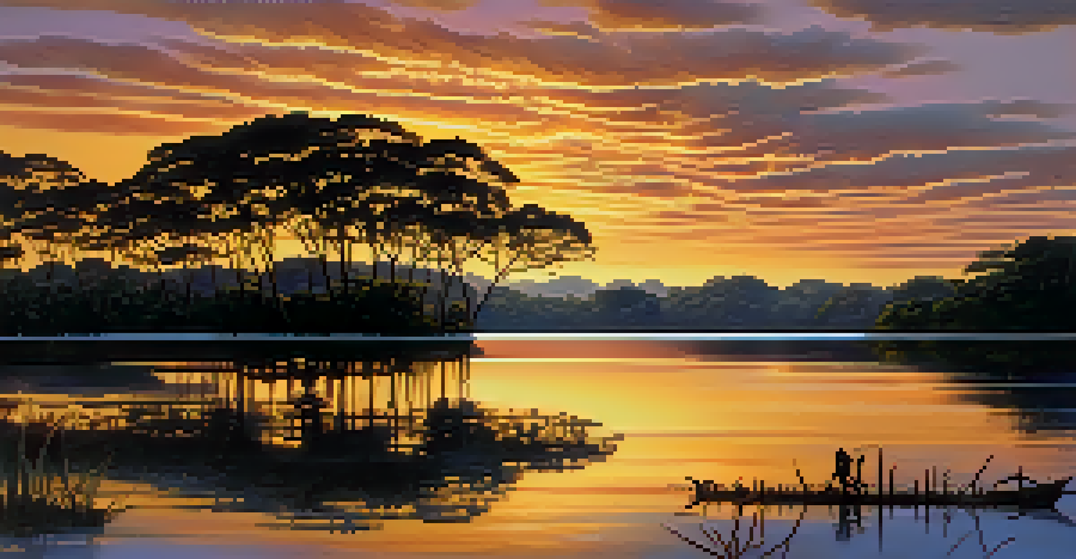 A beautiful sunset over the Amazon, highlighting the Meeting of Waters with golden reflections on the water and silhouetted trees.