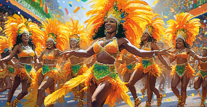 A lively carnival scene with dancers in bright samba costumes, a cheering crowd, and colorful confetti.