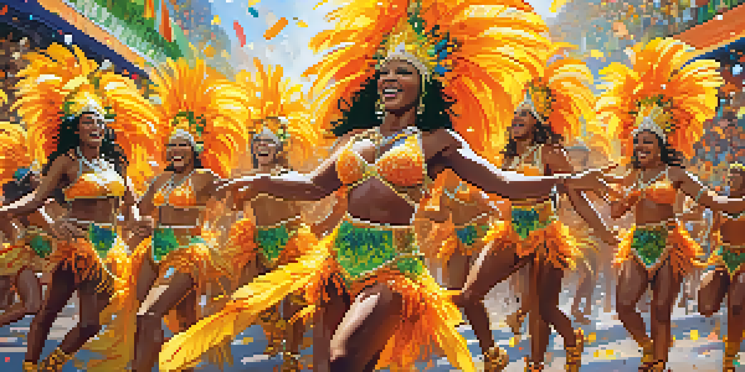 A lively carnival scene with dancers in bright samba costumes, a cheering crowd, and colorful confetti.